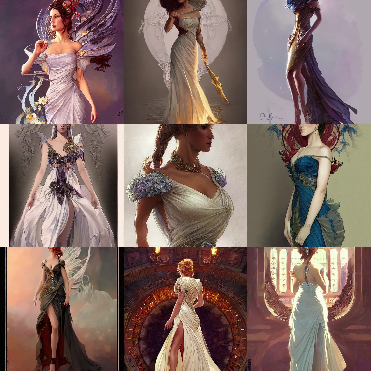 Prompt: a cocktail dress for a fantasy gala, fantasy, elegant, highly detailed, digital painting, artstation, concept art, smooth, sharp focus, illustration, art by artgerm and greg rutkowski and alphonse mucha