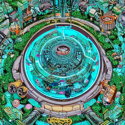 Prompt: hyper detailed comic illustration of a glowing circular portal surrounded by a cybernetic forest , by Josan Gonzalez and Geof Darrow, isometric aerial view, highly detailed, 8k wallpaper