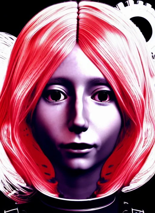 Prompt: highly detailed portrait of a hopeful pretty astronaut lady with a wavy blonde hair, by Cindy Sherman, 4k resolution, nier:automata inspired, bravely default inspired, vibrant but dreary but upflifting red, black and white color scheme!!! ((Space nebula background))