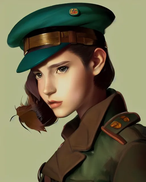 Image similar to portrait bust of young woman with shoulder length light brown hair and hazel eyes dressed in a sharp dark teal military uniform and beret, anime, ilya kuvshinov, greg rutkowski, ross tran, concept art, digital painting