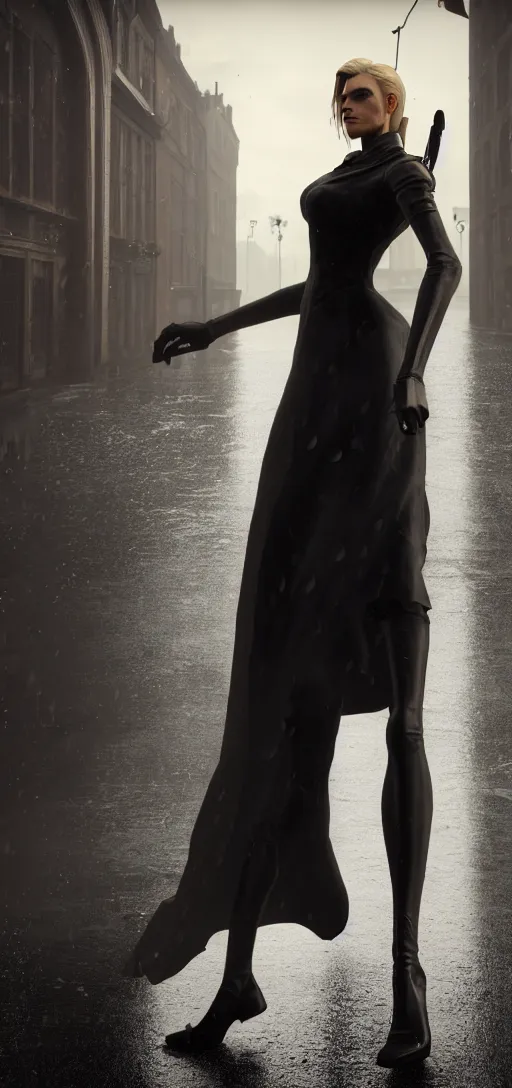 Image similar to beautiful model annie leonhart running on high heels with open toe in dunwall city, beautiful face, detailed face, cinematic lighting, rainy weather, melancholy atmosphere, volumetric light, octane render, dishonored 1, gothic architecture, realistic reflections, octane render 8 k, model agency, studio lighting