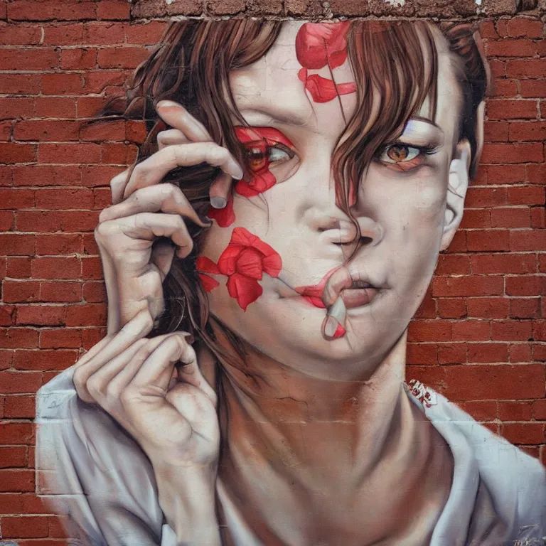 Prompt: Street-art portrait of Milica Bogdanivna Jovovich on the red brick wall in style of Etam Cru, photorealism