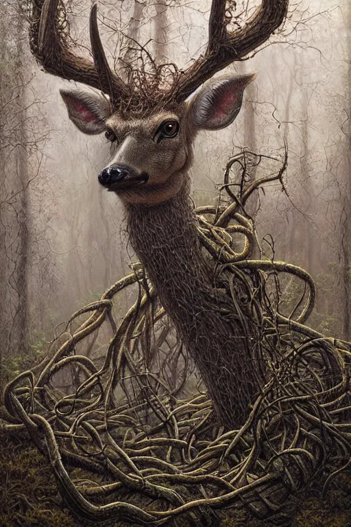 Image similar to deformed swamp deer twisted in vines and sludge by tomasz alen kopera.