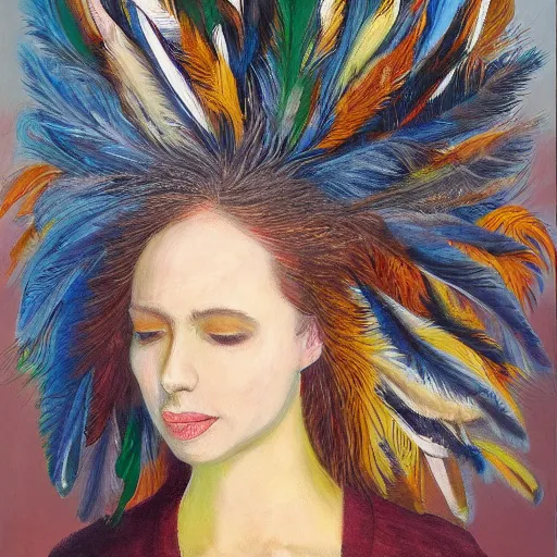 Image similar to a head covered in feathers, oil on canvas