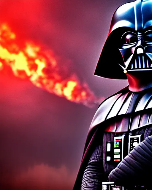 Image similar to matte portrait of darth vader, burning city background, high production value, intricate details, high resolution, hdr, high definition, masterpiece, realistic, ultrarealistic, highly detailed, hd, sharp focus, non blurry, sharp, smooth