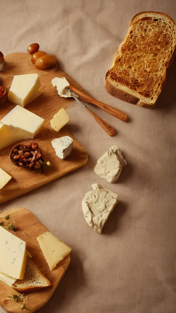 Image similar to 7 0 s food photography of an opulent spread of cheese on toast, on a velvet table cloth, dramatic diffused lighting