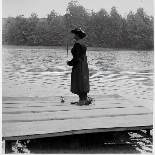 Prompt: a young edwardian woman fishing from a small wooden pier in a pond, black and white photograph