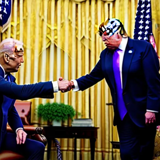 Image similar to joe biden handshakes donald trump ultra realistic, lens flare, atmosphere, glow, detailed, intricate, full of colour, cinematic lighting, trending on artstation, 4 k, hyperrealistic, focused, extreme details, unreal engine 5, cinematic, masterpiece, ultra realistic, hyper realistic, highly detailed, sharp focus, digital art