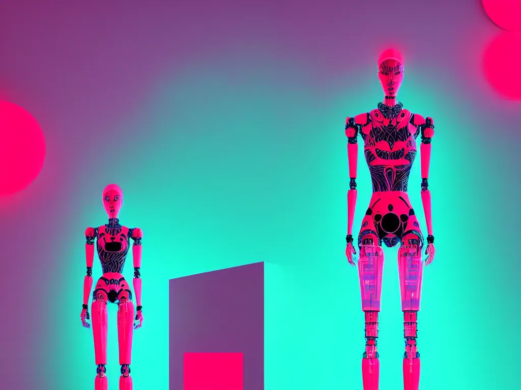 Image similar to beautiful tall female robot printed with red and black 3 d geometrical neon facing a doorway opening with neon pink geometric fractal light + a portal to a vaporwave world, flowering pineapples, transcendent, clean linework, dramatic, finely detailed, 4 k, trending on artstation, photorealistic, volumetric lighting, octane render