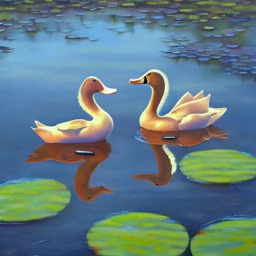 Prompt: A chess game between two ducks in a pond, art by Dmitry Dubinsky