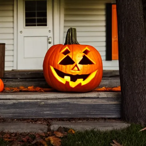 Image similar to movie still of a jack o lantern on the front porch of a house in the woods