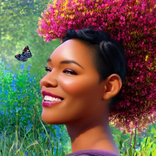 Prompt: portrait of a smiling beautiful black woman who looks like nia long with fluffy afro surrounded by monarch butterflies as flower petals fall with lush valley in the background by argerm and by alphonse mucha, face by wlop, full color digital illustration trending on artstation, octane render