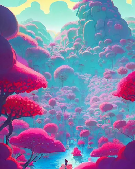 Image similar to candyland | a landscape made of candy and desserts, mountains river trees, cherry - blossoms | highly detailed | very intricate | fantasy whimsical magical | soft bright natural morning light | pixar | award - winning | matte painting by anton fadeev and paul lehr and rhads and alena aenami | pastel color palette | featured on artstation