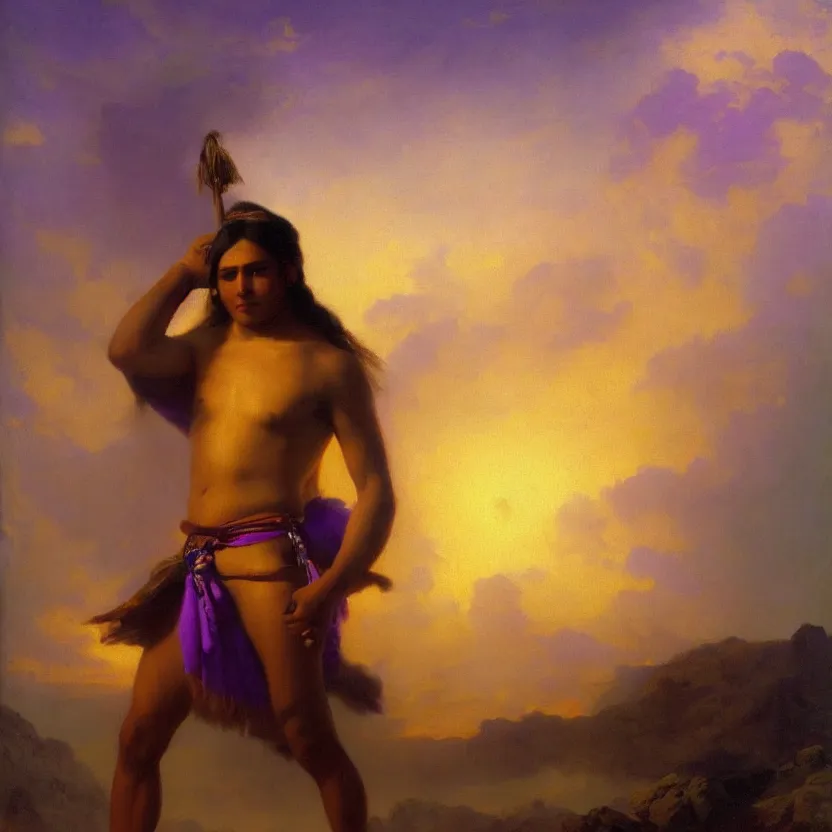 Prompt: handsome navaho god in a loincloth, posing against a royal purple backdrop by ivan aivazovsky, oil painting, beautiful soft lighting, saturated colours, artstation