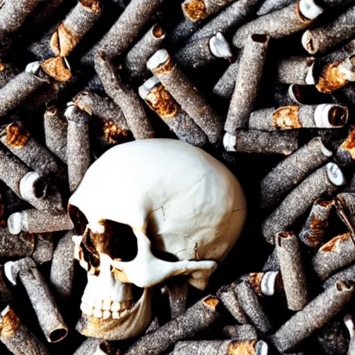 Prompt: close up top of human skull missing and filled with cigarette butts, dark blurry background