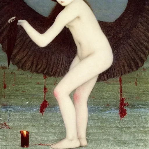 Prompt: The blood-dimmed tide is loosed and everywhere the ceremony of innocence is drowned, painted by Fernand Khnopff