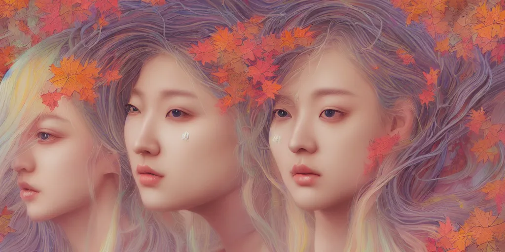 Image similar to breathtaking detailed concept art painting pattern pastel colors of blonde hair faces goddesses amalgamation autumn leaves, by hsiao - ron cheng, bizarre compositions, exquisite detail, 8 k