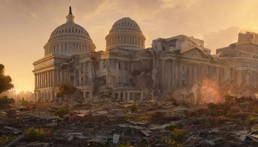 Prompt: craft garden in destroyed washington dc, collapses buildings, sunny day, destroyed capitol in the horizon, hyperdetailed, artstation, cgsociety, 8 k