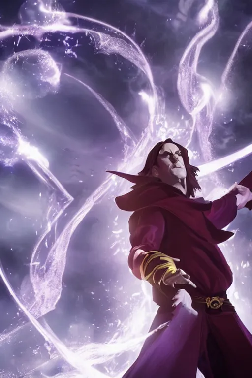 Image similar to Matthew Mercer is an all powerful wizard, realistic cinematic shot, swirling magic, subtle fog and mood lighting