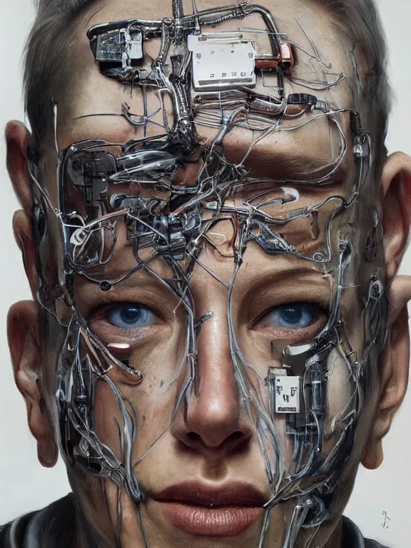 Image similar to cybernetic implants on face, metal jaw, usb port on forehead, portrait by jenny saville