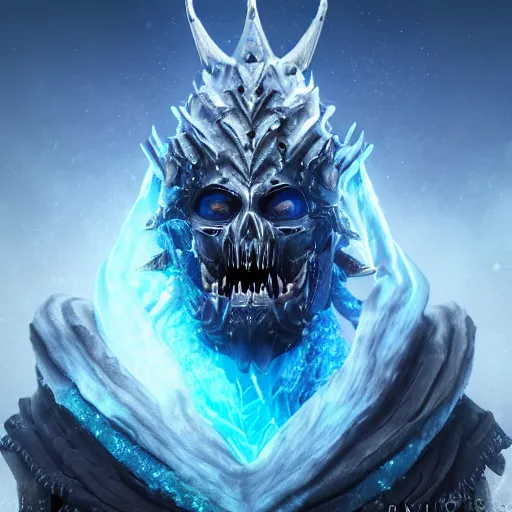 Image similar to the lich king in ark survival evolved, au naturel, hyper detailed, digital art, trending in artstation, cinematic lighting, studio quality, smooth render, unreal engine 5 rendered, octane rendered, art style by klimt and nixeu and ian sprigger and wlop and krenz cushart