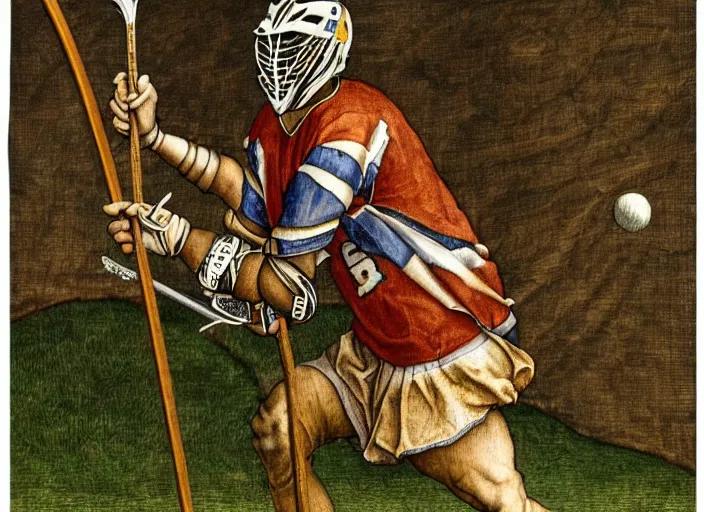 Image similar to lacrosse player, highly detailed, 8k, intricate, Albrecht Durer style