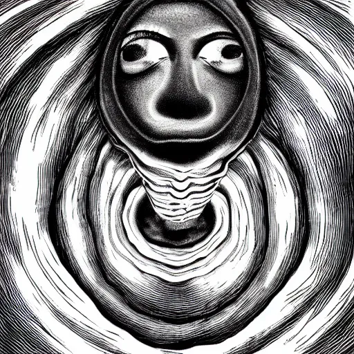 Prompt: a smoke tower spiraling into a form resembling a face, junji ito, uzumaki