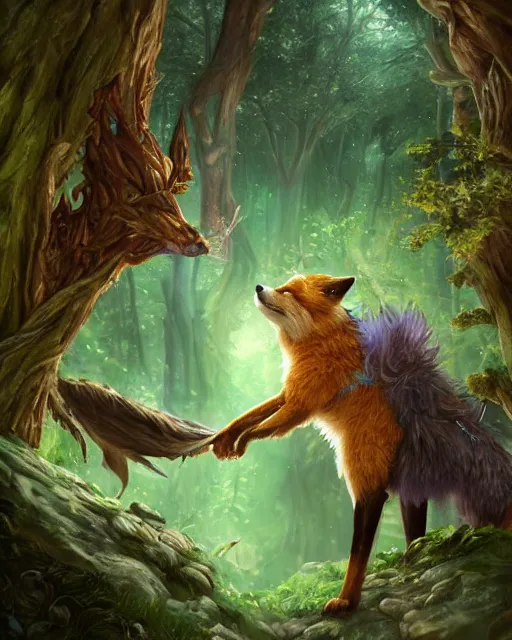 Image similar to Fox, Anthropomorphized, playing harp in magical green forest, magic the gathering artwork, D&D, fantasy, cinematic lighting, centered, symmetrical, highly detailed, digital painting, artstation, concept art, smooth, sharp focus, illustration, volumetric lighting, epic Composition, 8k, art by Akihiko Yoshida and Greg Rutkowski and Craig Mullins, heroic pose, oil painting, cgsociety