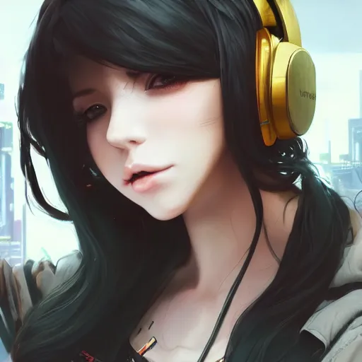 Image similar to beautiful full portrait of a girl, brunette curvy long hair, full - body shot, wearing cyberpunk headphones, streetwear, like a fashion model + high detailed, resolution beautifully detailed landscape 8 k, cinematic, 8 k, by bukurote + krenz cushart + ryota - h + wlop