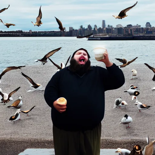 Prompt: a fat man eating a bagel while seagulls yell at him, award winning photograph, 8k,