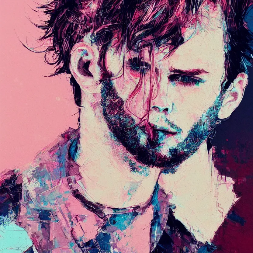 Image similar to close up portrait painting of a male musician in nineties street styling, concept art, intricate details, aesthetically pleasing pastel colors, art by conrad roset, impressionism, portrait