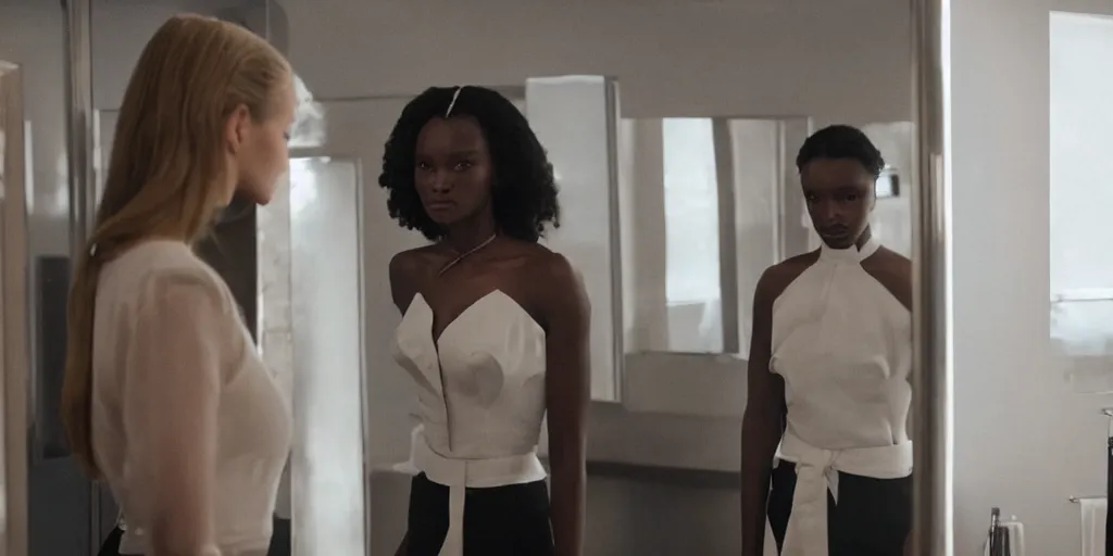 Image similar to ultra wide angle photo of jodie turner - smith dressed in a white blouse and black dress pants as diana prince looking at herself in a bathroom mirror and seeing her reflection as wonder woman