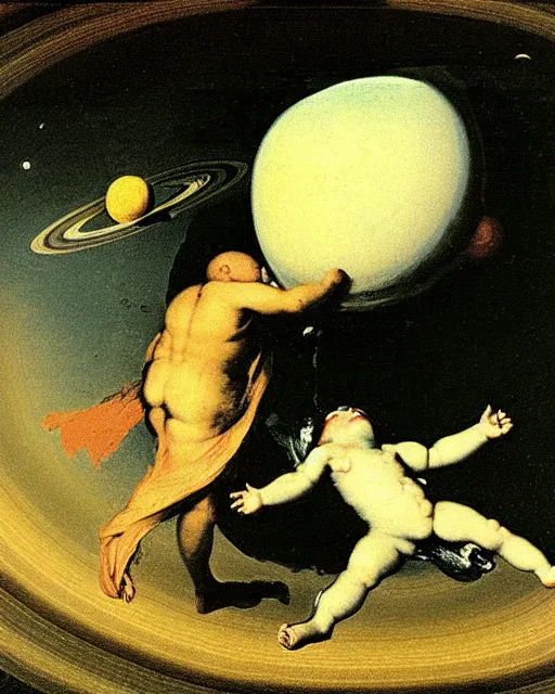 Prompt: saturn being devoured by his son, painted by goya