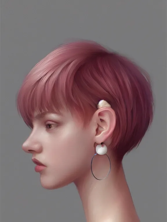 Prompt: beautiful russian girl with short pink hair and nose piercing, wearing airpods, thin round earrings, winds of winter, au naturel, hyper detailed, digital art, trending in artstation, cinematic lighting, studio quality, smooth render, octane rendered, concept art, sharp focus, illustration, art by artgerm and greg rutkowski and wlop