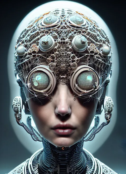 Image similar to portrait of an absurdly beautiful, graceful, sophisticated, fashionable cyberpunk mechanoid, hyperdetailed illustration by irakli nadar and alexandre ferra, intricate linework, white porcelain skin, faberge, coral headdress, unreal engine 5 highly rendered, global illumination, radiant light, detailed and intricate environment