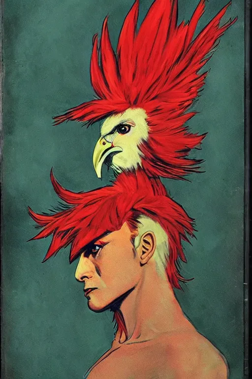 Image similar to scifi portrait of a rooster as David Bowie. McGinnis, pulp comic style, circa 1958, photorealism