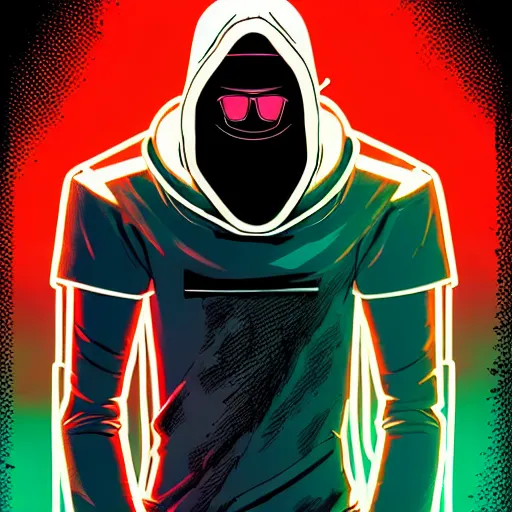 Prompt: a full body character design guy denning, tim doyle, laurie greasley fiery flaming grungy hooded sunglasses handsome figure heroic!! bold outline sharp edges. elegant, neon colors, dynamic angle, intricate complexity, epic composition, symmetry, cinematic lighting masterpiece