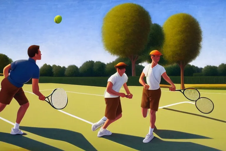 Prompt: two men playing tennis, summer afternoon, kenton nelson