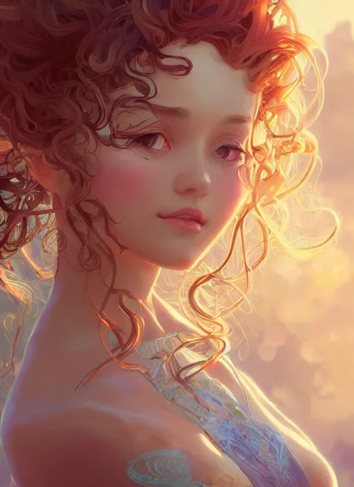 Prompt: beautiful girl with long curly, cute, intricate, highly detailed, digital painting, trending on artstation, concept art, smooth, sharp focus, backlit, rim light, vivid colors, illustration, unreal engine 5, 8 k, art by rossdraws and alphonse mucha