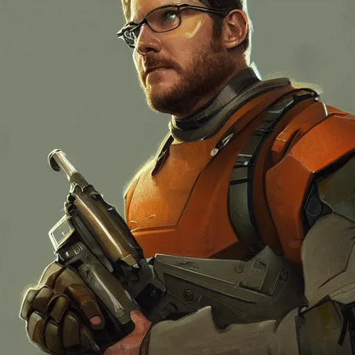 Prompt: chris pratt as the gordon freeman from half life, unreal engine, sci fi, intricate, elegant, highly detailed, digital painting, artstation, concept art, matte, sharp focus, illustration, art by greg rutkowski and alphonse mucha