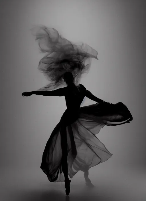 Image similar to a Photorealistic dramatic hyperrealistic render of a glamorous beautiful Female smoke dancer by Ken Brower and Deborah Ory of NYC Dance project,Lois Greenfield,Flowing cloth and smoke,Beautiful dynamic dramatic dark moody lighting,volumetric,shadows,cinematic atmosphere,Octane render,8K