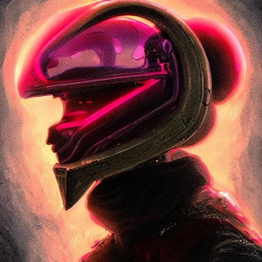 Image similar to profile portrait, helmet lion cyberpunk made of pink lava and fire in ivan lopez style, aurora digital package, profile portrait, cyberpunk fashion, realistic shaded perfect face, fine details, very dark environment, misty atmosphere, closeup, d & d, fantasy, intricate, elegant, highly detailed, digital painting, artstation, concept art, matte, sharp focus, illustration, hearthstone