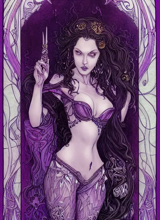 Prompt: portrait of a sexy sorceress, purple shirt and black skintight leggins, posing, dark fantasy, sharp focus, award - winning, masterpiece, highly detailed, intricate, by rebecca guay, rossdraws, tarot card border