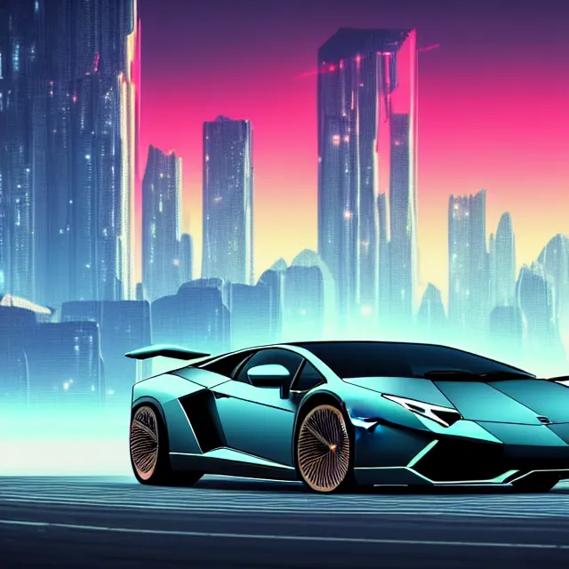 Prompt: epic digital art of faint tall mountains in background,, photorealistic synthwave lamborghini driving through futuristic city towers with glowing edges, wlop, pixiv