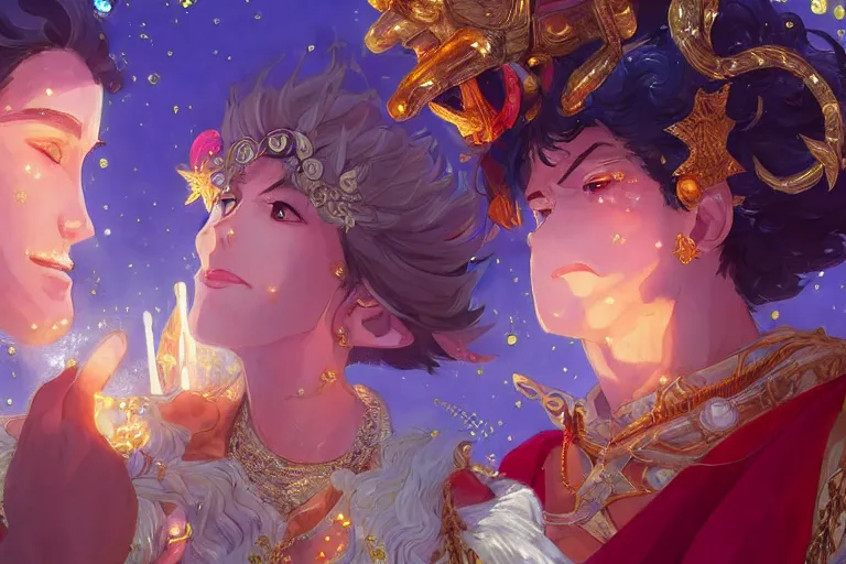 Image similar to close up moment of a divine a sun god and a moon goddess lovers magician at a wedding banquet, highly detailed, d & d, fantasy, 4 k realistic, digital painting, trending on artstation, concept art, sharp focus, illustration, art by makoto shinkai and akihiko yoshida and daniel gerhartz