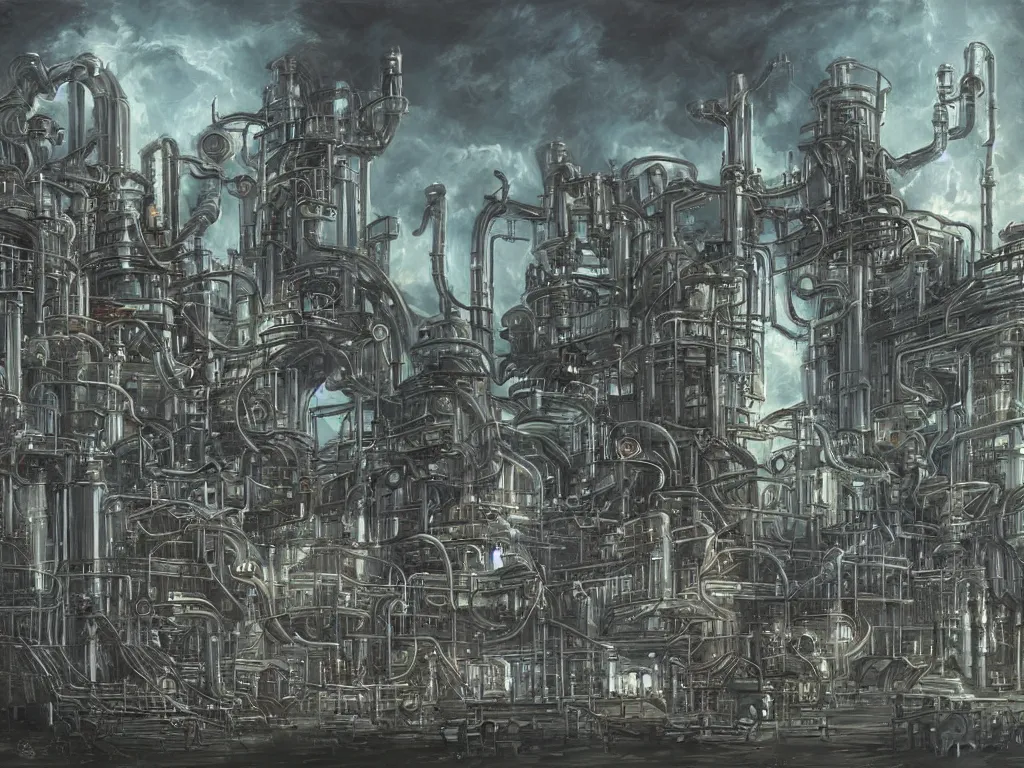 Image similar to futuristic chemical plant with gothic elements, fantasy painting, lots of detail