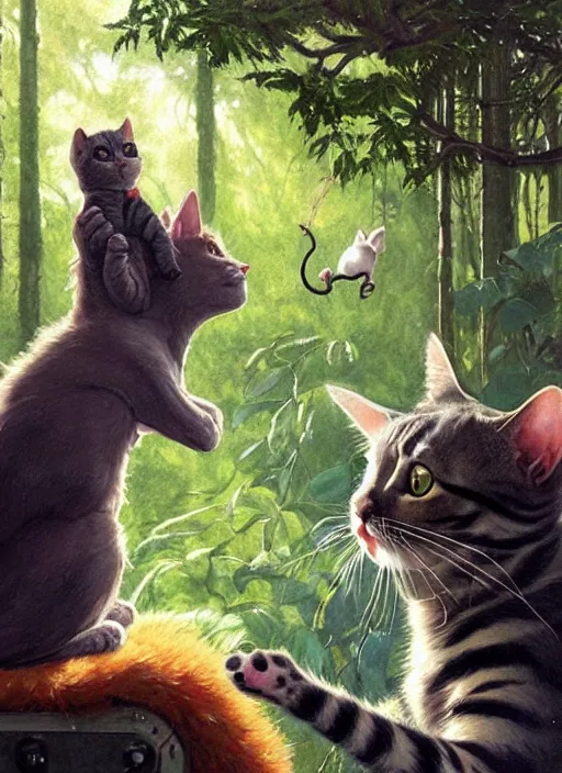 Image similar to a hyper realistic cat meeting an alien. and sunbeams blue sky, lush forest foliage painting by chiara bautista and norman rockwell and greg rutkowski weta studio, and lucasfilm