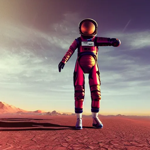 Prompt: a wide angle shot from below of a female astronaut with an athletic feminine body walking with swagger towards camera on mars in an infinite universe, synthwave digital art