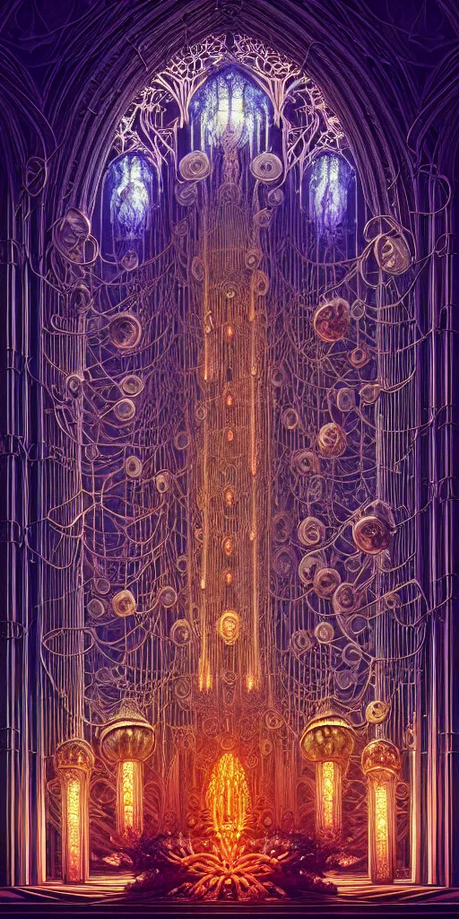 Image similar to Energetic gothic organ made of mushrooms portrait, Art Deco nature, fantasy, intricate art deco mushroom designs, elegant multidimensional cathedral of plants, glowing prismatic fractal chandeliers, highly detailed fractals, sharp focus, art by Artgerm and beeple and Greg Rutkowski and WLOP