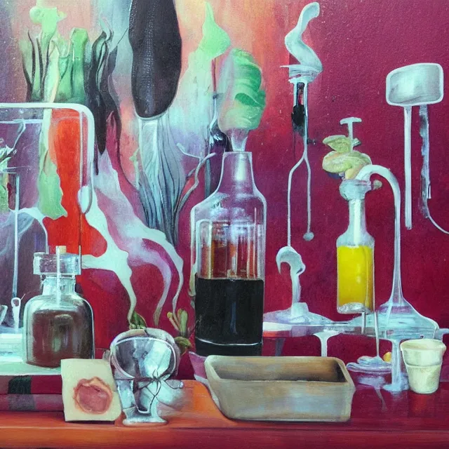 Prompt: sensual, a portrait in a female art student's apartment, squid, berry juice drips, pancakes, silk, juice, honey, a painting of bacon, berries, houseplants in scientific glassware, art supplies, white candles, neo - expressionism, surrealism, acrylic and spray paint and oilstick on canvas